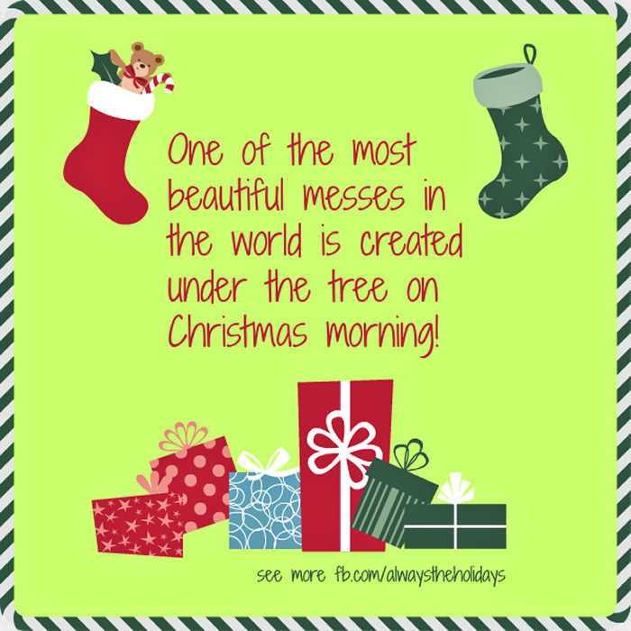 Cartoon Christmas stockings, and presents surrounding a Christmas quote.
