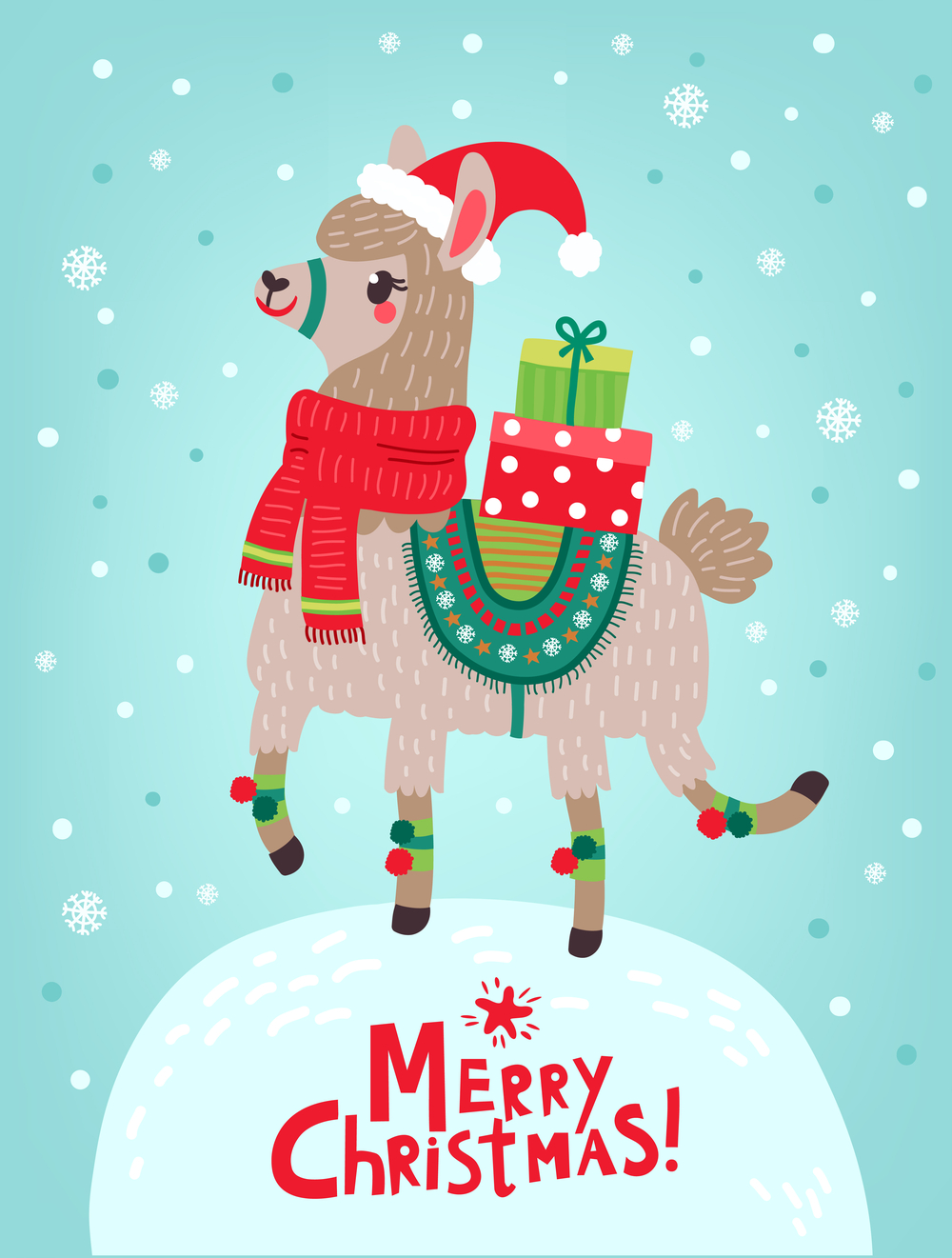 A llama dressed up for Christmas with presents on his back, standing on a snow hill with a text overlay reading "Merry Christmas".