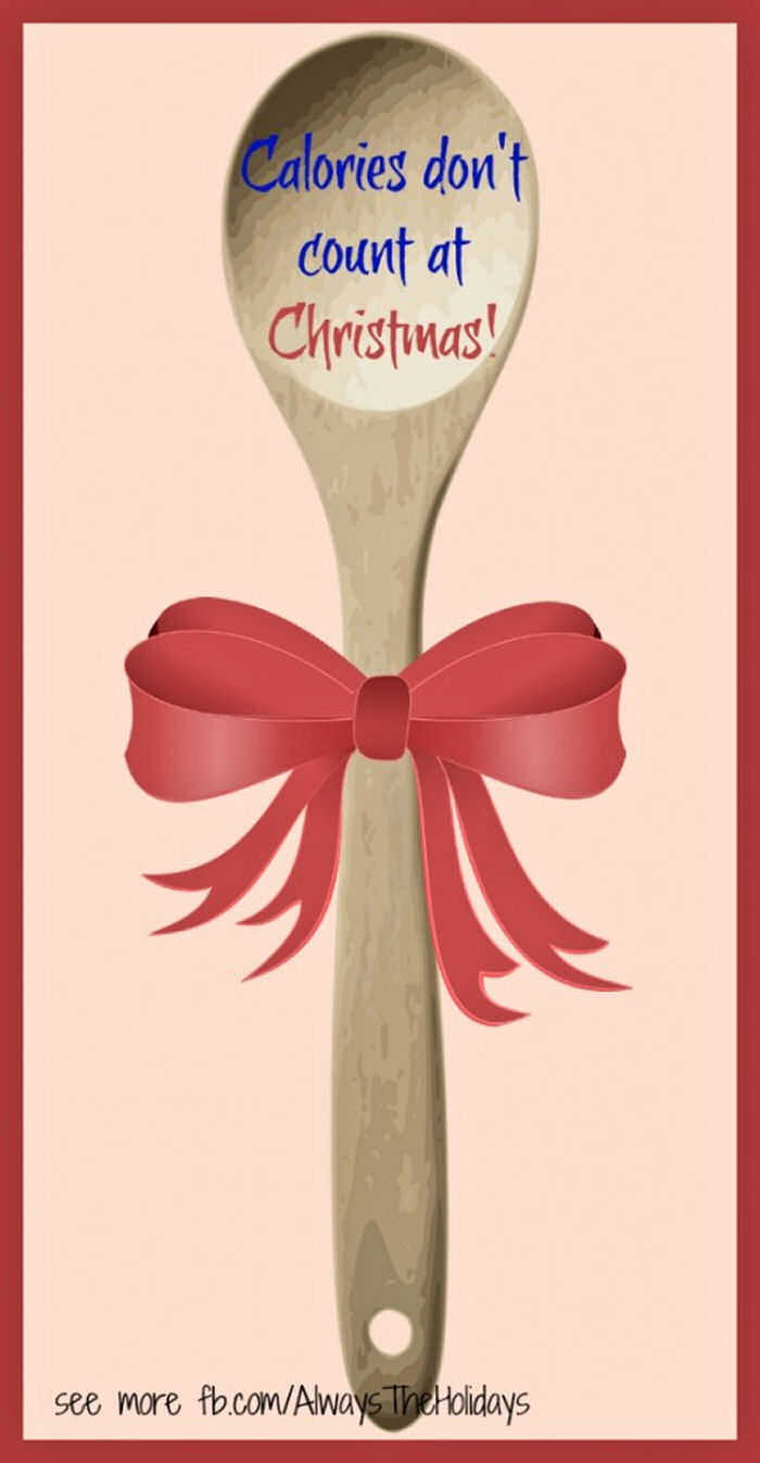 A wooden spoon wrapped in a red bow with a funny Christmas quote on it.