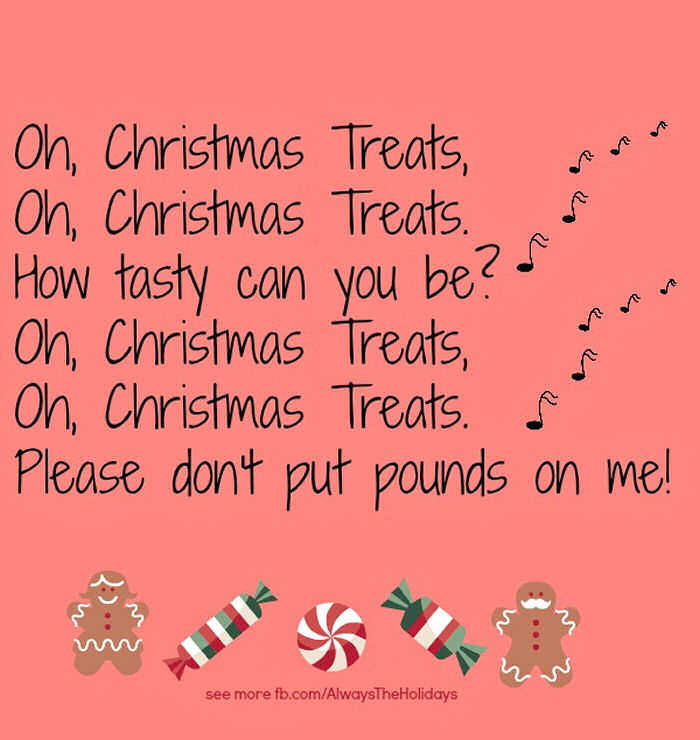 Funny Christmas quotes on a peach background with cartoon gingerbread men and candies at the bottom.