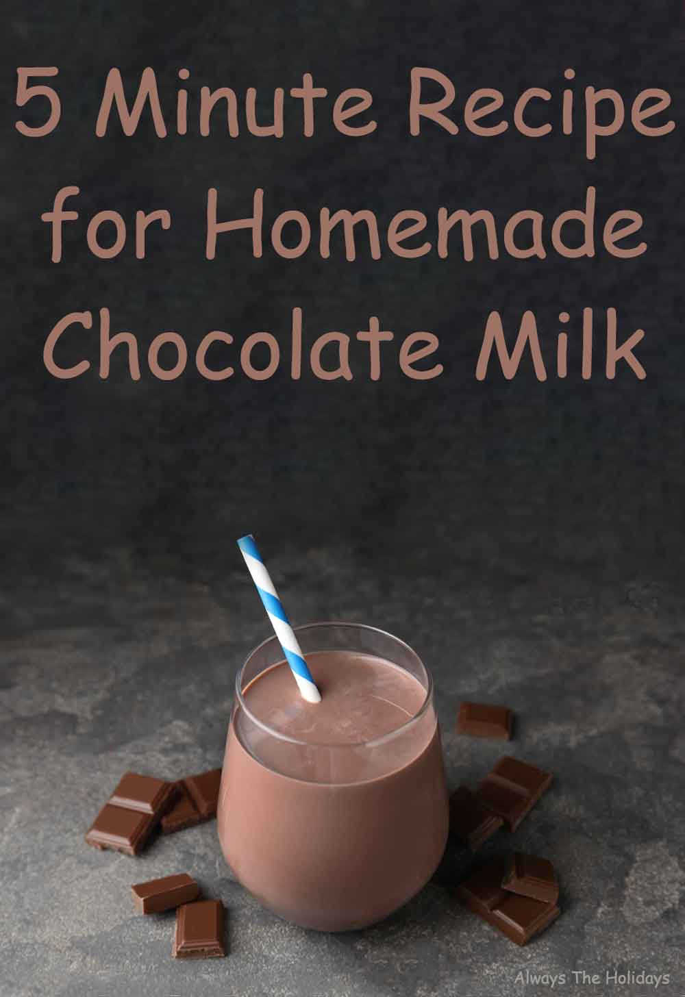 A glass of chocolate milk against a slate backdrop with a text overlay that reads "5 minute recipe for homemade chocolate milk".