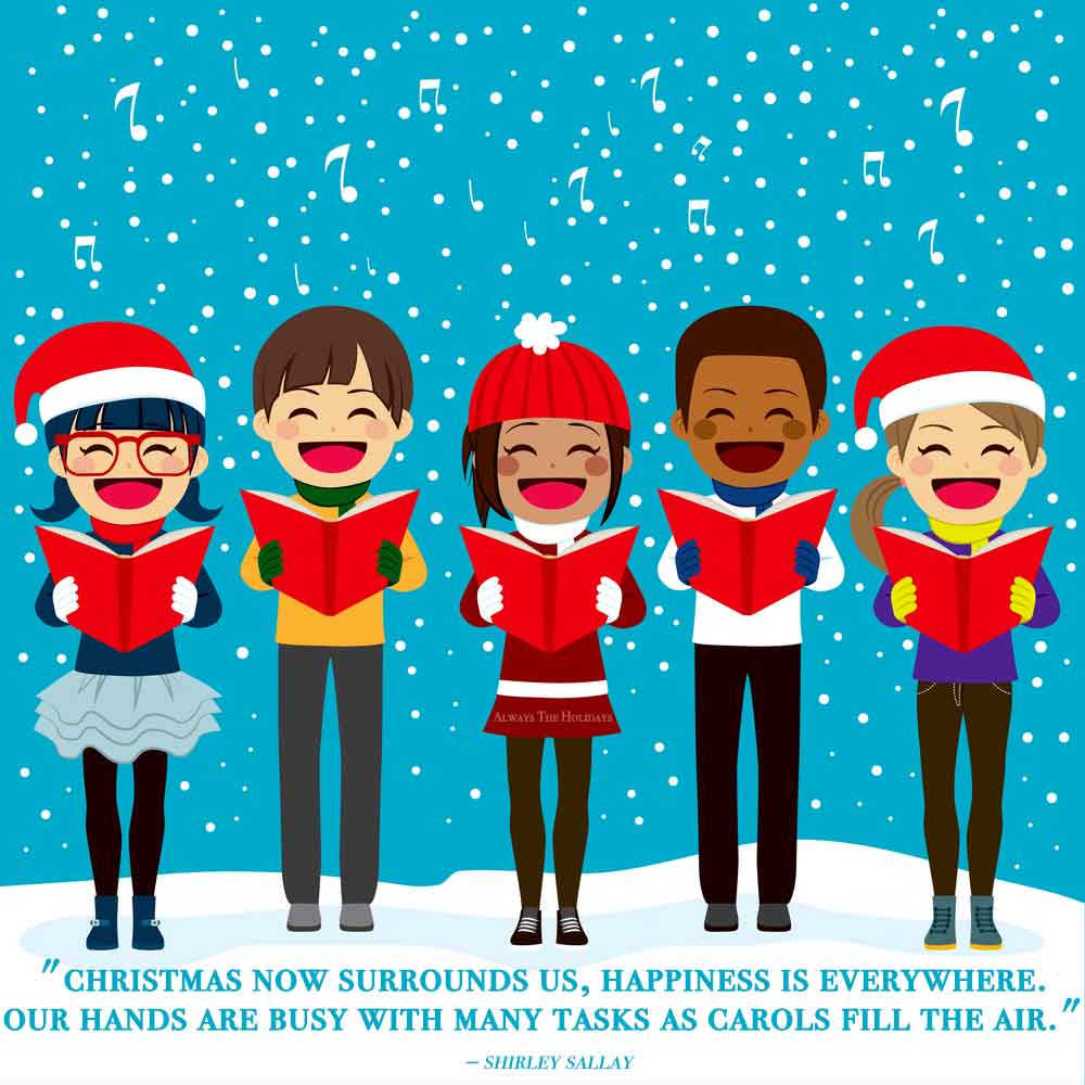 A group of five caroling cartoon children standing in a snowfall, with a inspiring Christmas quotes beneath their feet.