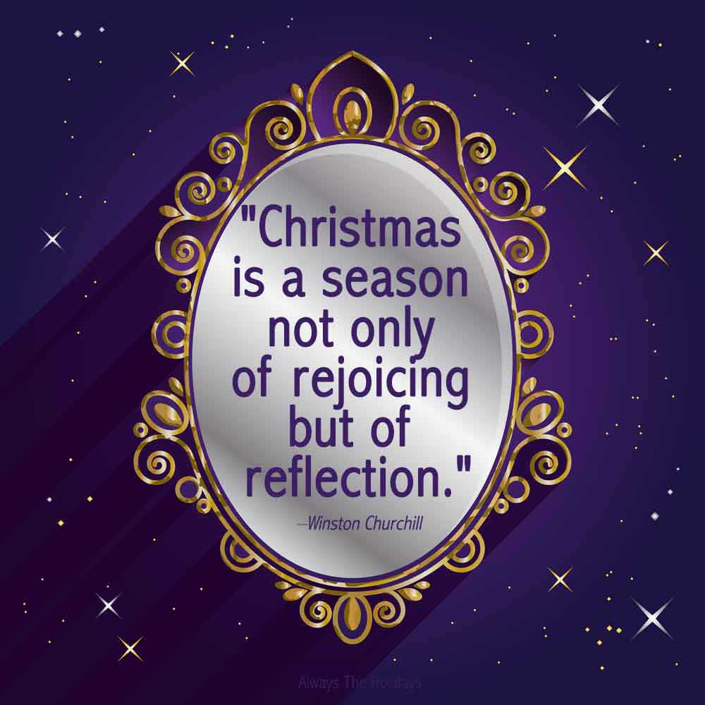 A mirror with a golden frame and an inspiring Christmas quotes text overlay in the center on a purple background with yellow and white stars.