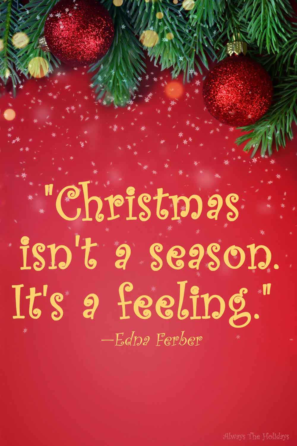 A red background with a fir branch and ornaments at the top and an inspirational Christmas messages text overlay below them..