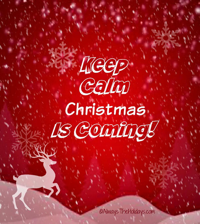 A translucent reindeer jumping across a red background through snowy hills with the quote "keep calm, Christmas is coming" on it.