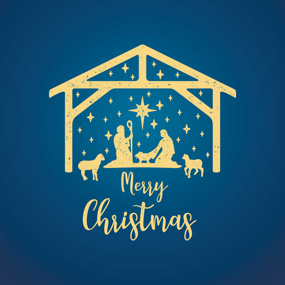 A golden nativity drawing on a blue background with a text overlay that says "Merry Christmas".