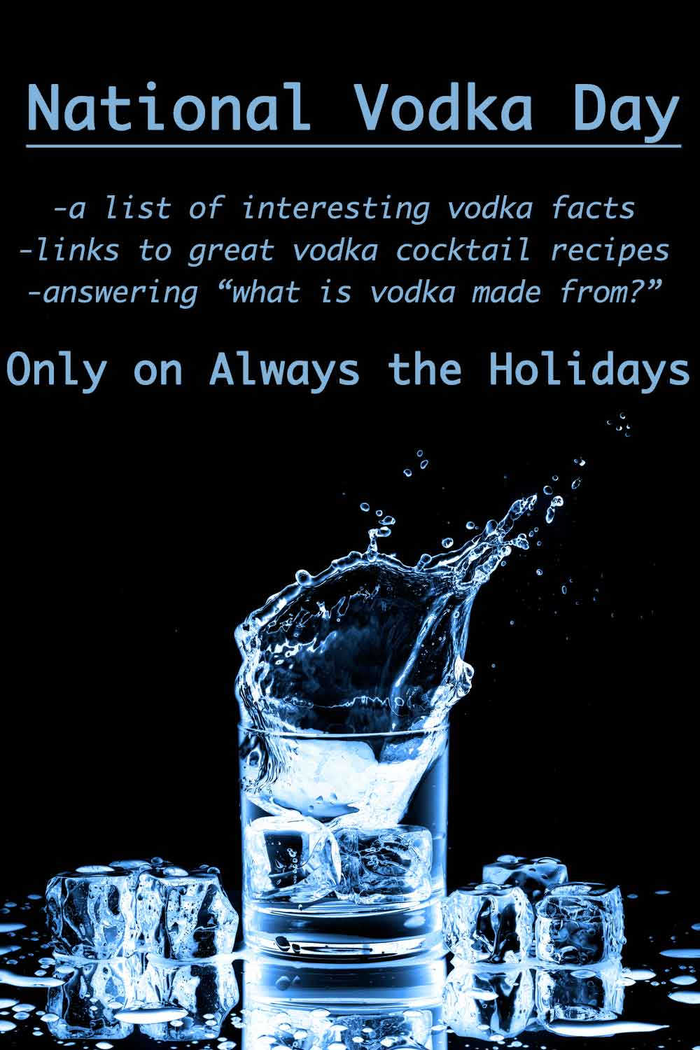Let's Find out About National Vodka Day! Ice cubes splashing into a short glass of vodka with a blue hue against a black background with a text overlay reading "National Vodka Day, a list of interesting vodka facts, links to great vodka cocktail recipes, and answering what is vodka made from?, only on Always the Holidays".