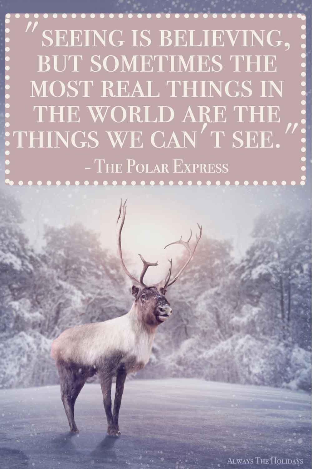 A reindeer standing in a snowy field in front of trees with a Christmas movie quote text overlay.