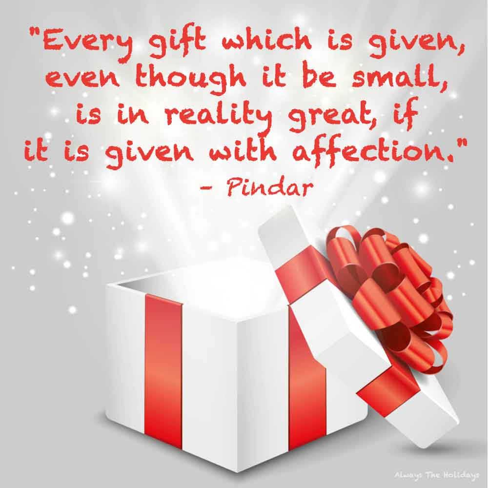 A white present with a red ribbon and the lid off of it, with a light coming out and a Christmas quote about presents on it as a text overlay.