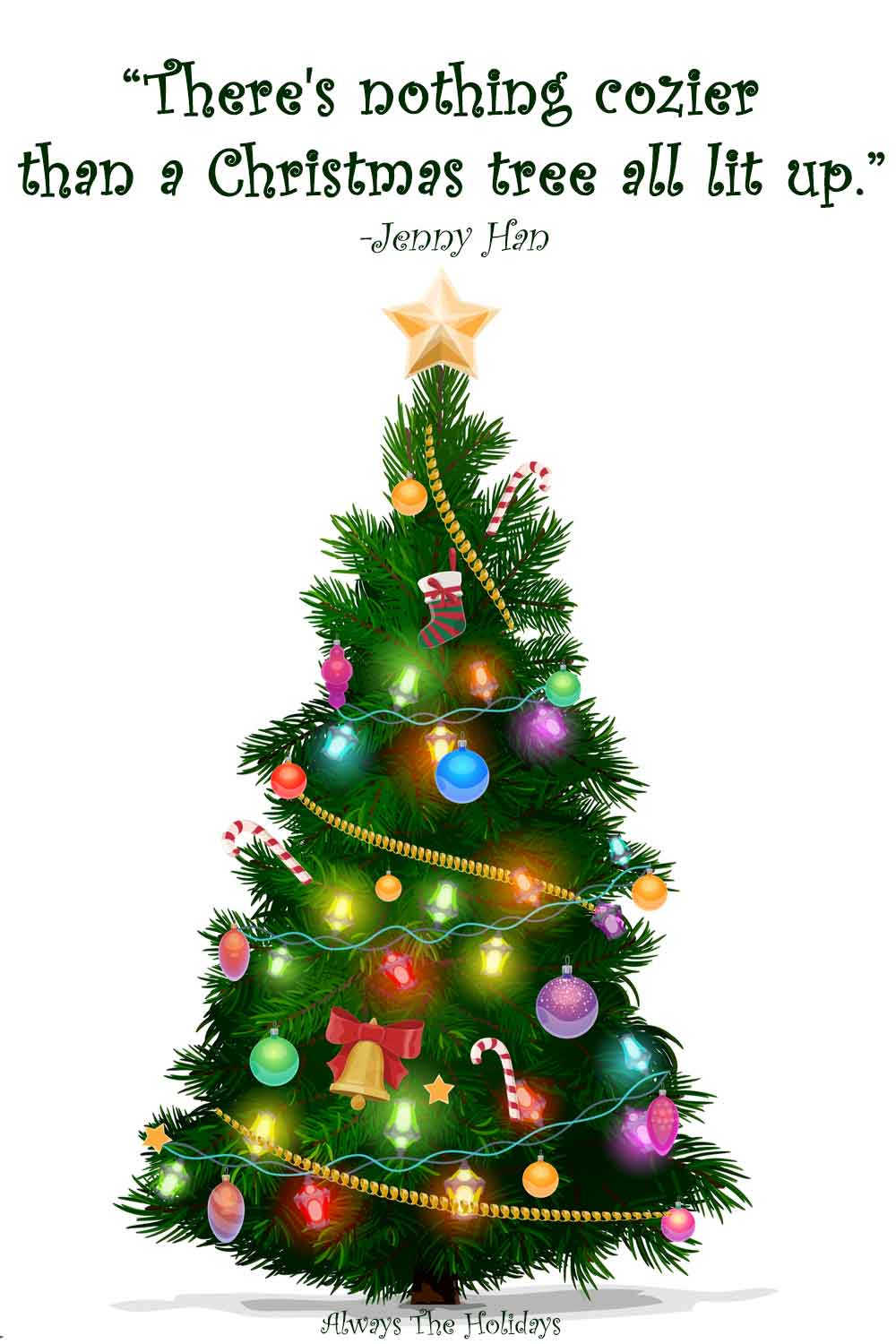A cartoon Christmas tree with a quotes about Christmas trees text overlay.
