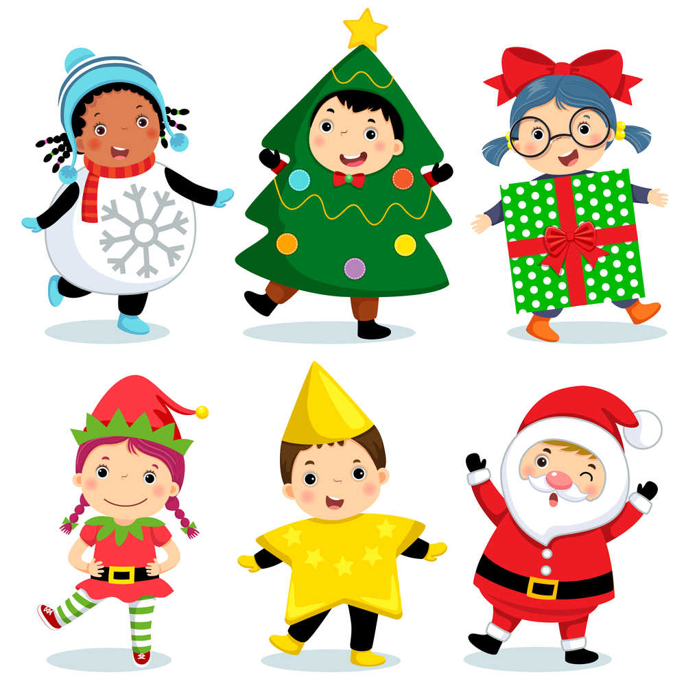 Children dressed up for Christmas like elves, shooting stars, Santas, presents, snowmen, and Christmas trees.