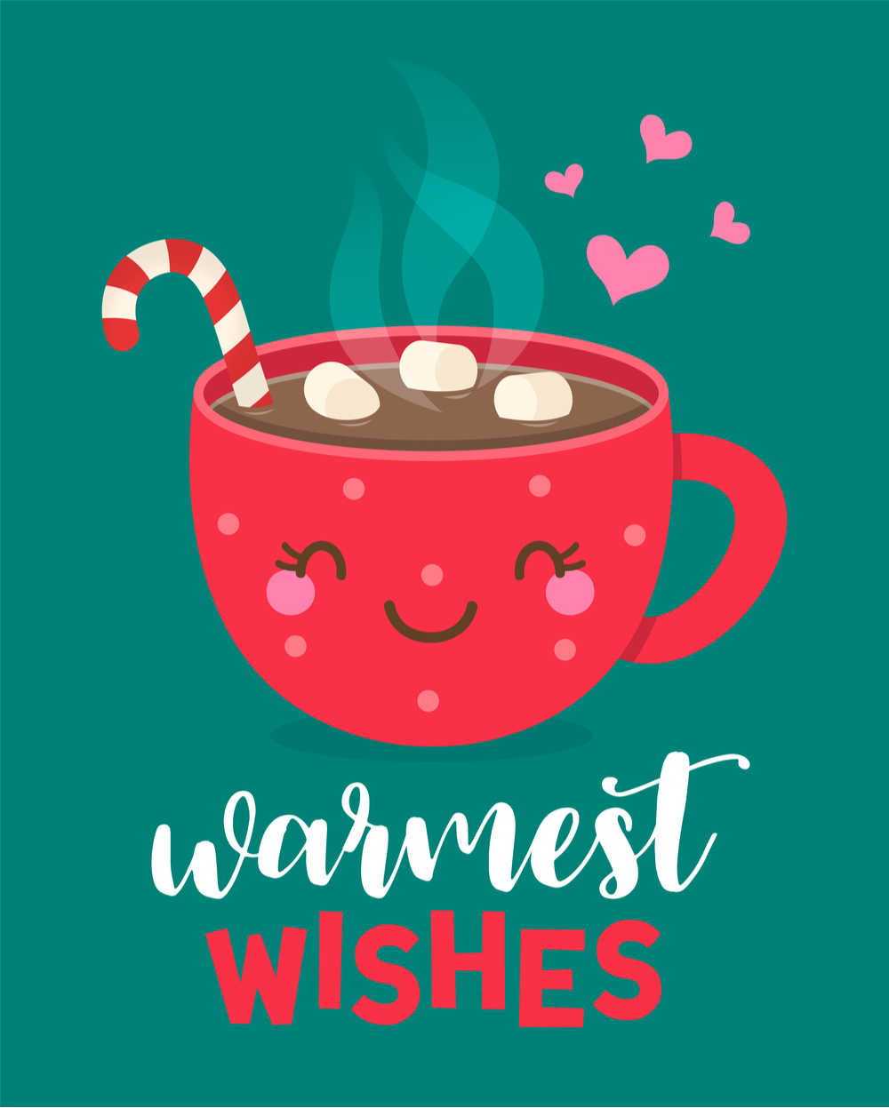 A red smiling mug filled with hot chocolate and marshmallows with the words"warmest wishes" under it.