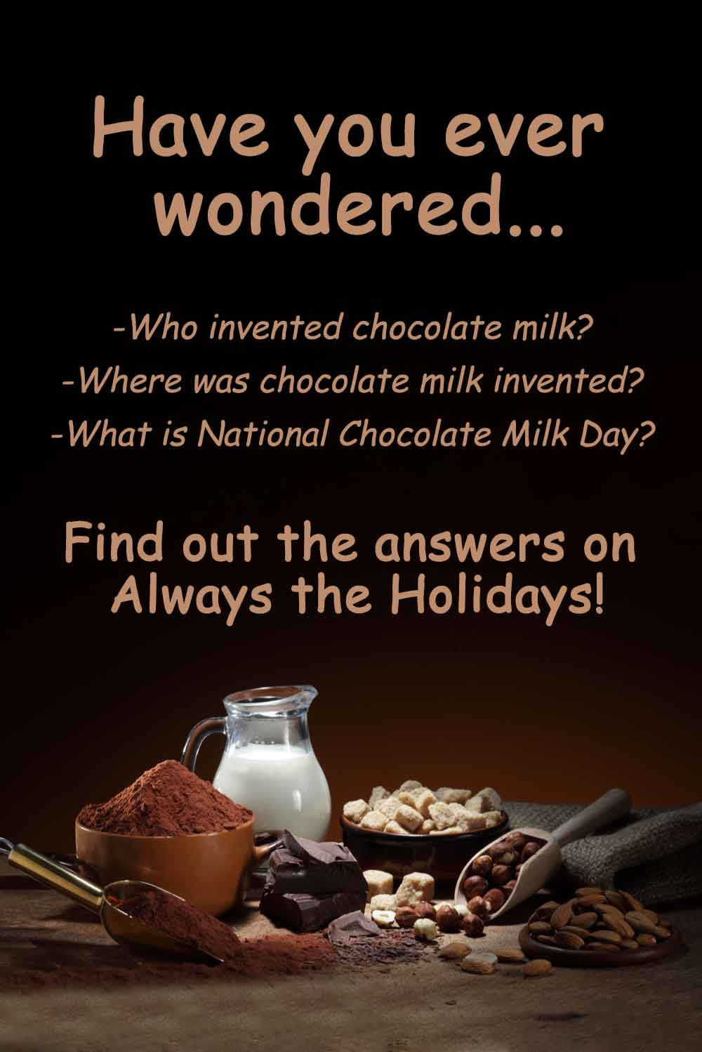 Chocolate milk ingredients with a text overlay. The ingredients for homemade chocolate milk with a text overlay asking who invented chocolate milk and where was chocolate milk invented.