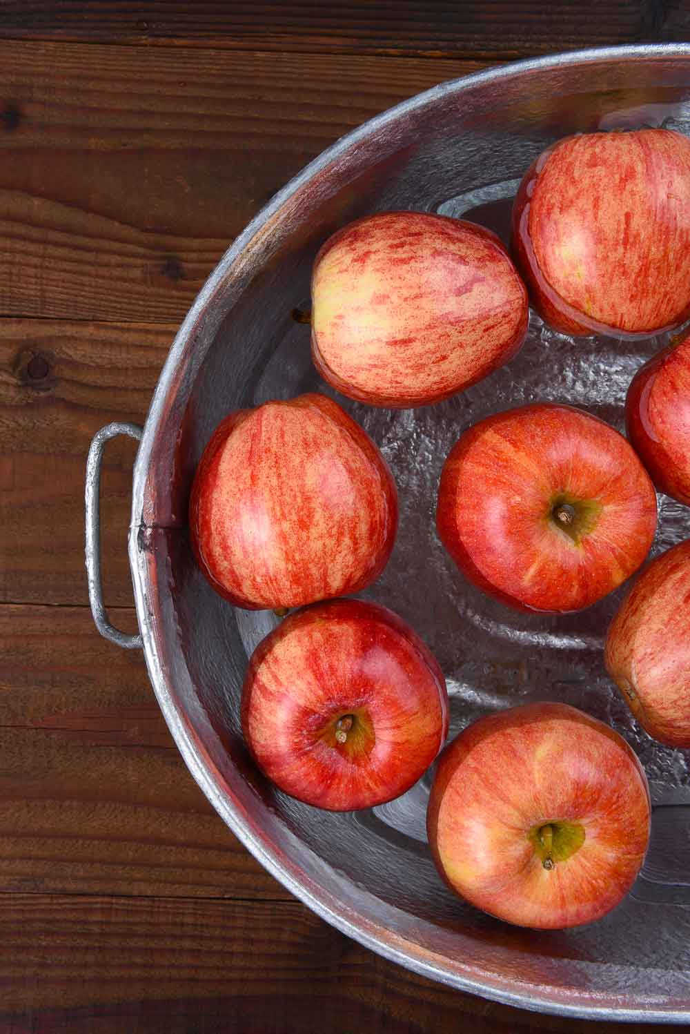 Bobbing for apples A silver basin of red apples in water.