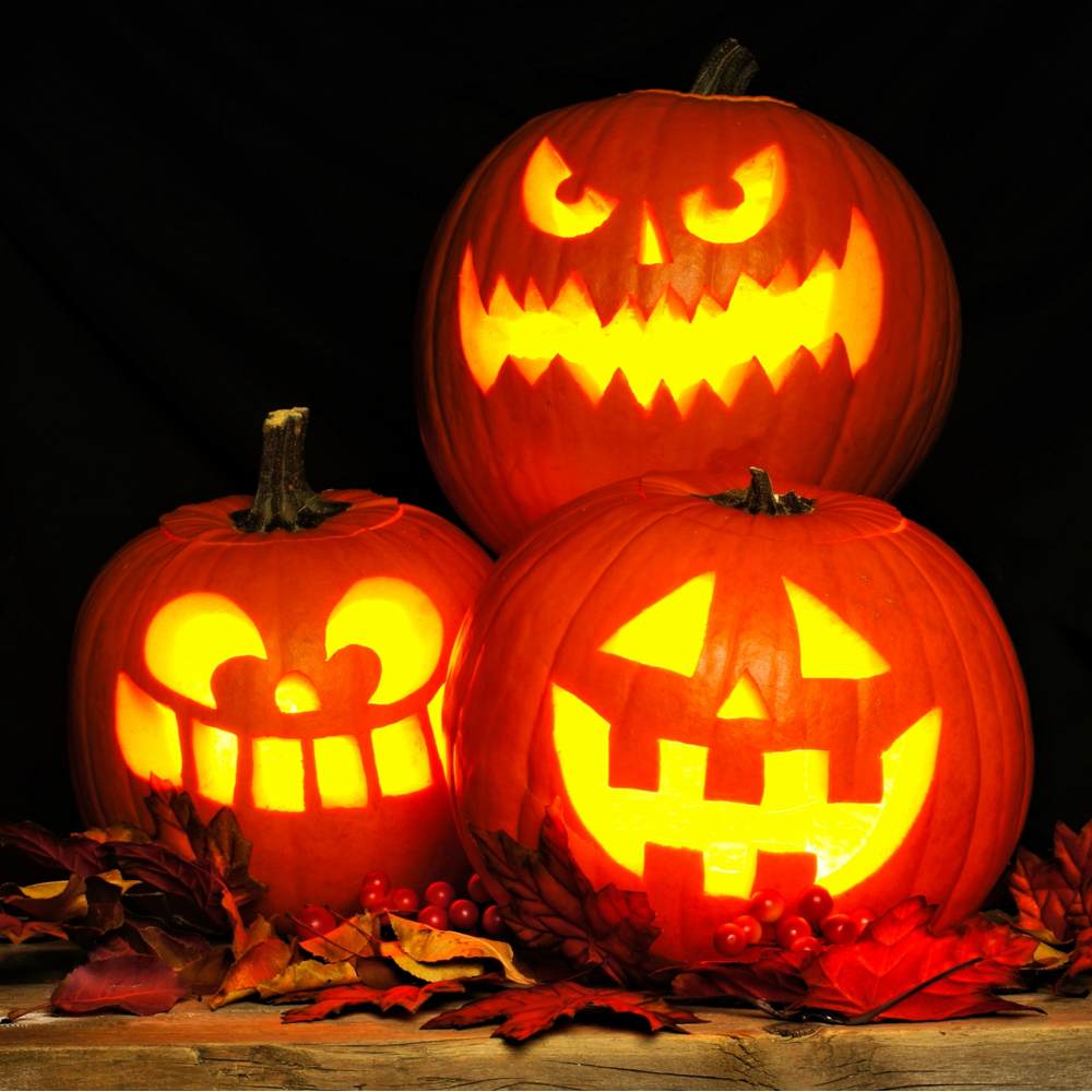 Classic jack o lantern faces. Three pumpkins with classic jack o lantern faces carved into them.