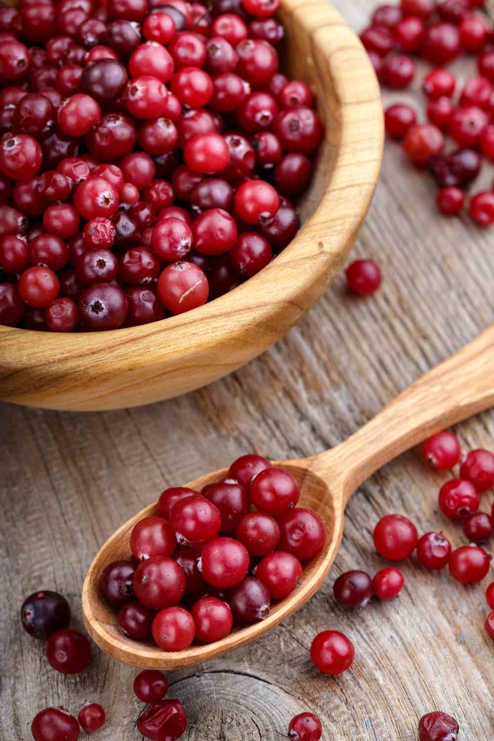 Bowl and spoon filled with cranberries. A wooden bowl of cranberries with a wooden spoon of cranberries next to it.