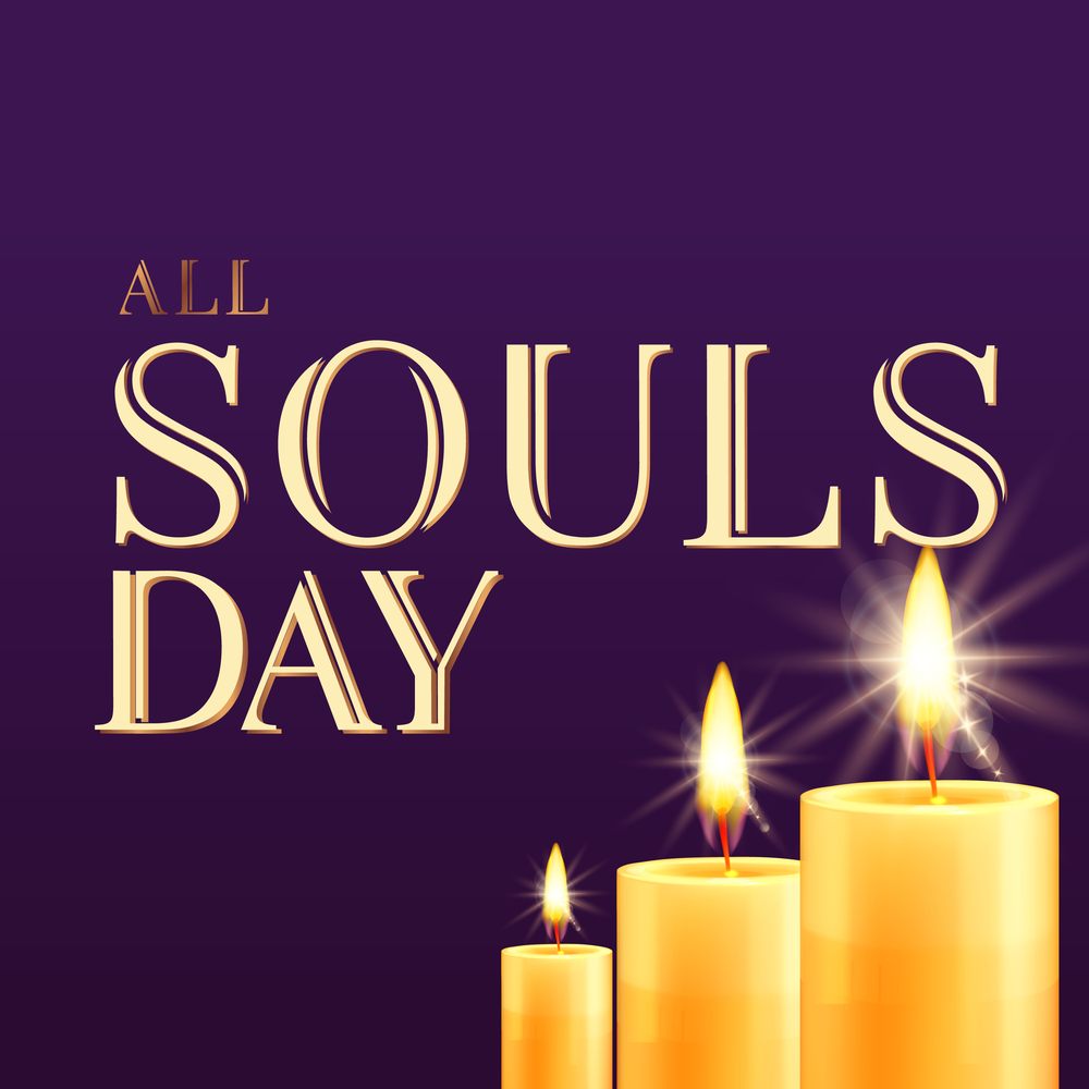 Three candles agains a purple background and the words "All Souls Day" to bring awareness to the difference between All Saints Day and All Souls Day.