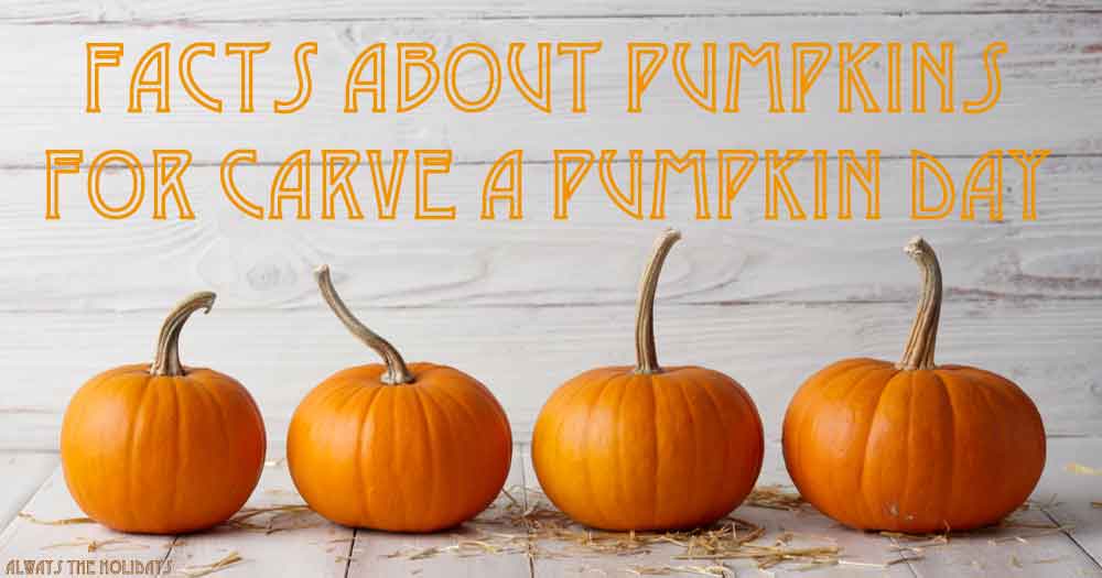 Four pumpkins and text overlay. Four small pumpkins with stems against a white wooden background with a text overlay that reads "facts about pumpkins for carve a pumpkin day".