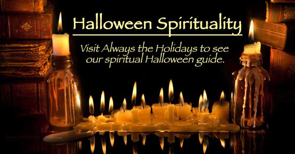 A row of lit candles against a black background flanked by book piles with a text overlay that reads "Halloween spirituality, visit always the holidays to see our spiritual Halloween guide.