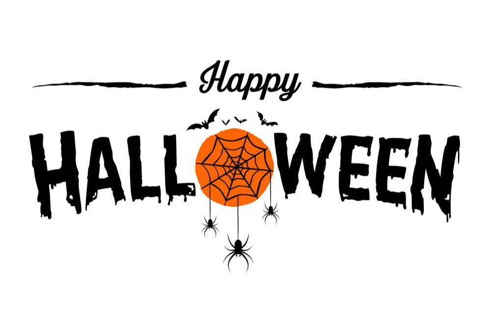Quote reading "Happy Halloween" with a spiders web cartoon around the "O" in "Halloween".