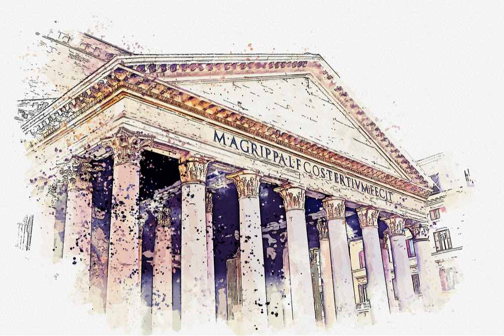 A watercolor painting of The Roman Pantheon, where All Saints Day was first observed as a holiday.