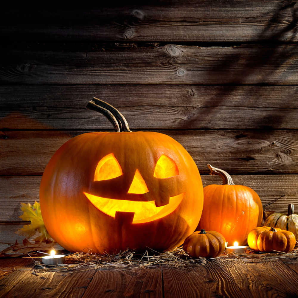 A carved jack-o-lantern on a porch next to other pumpkins celebrating the history of Halloween.