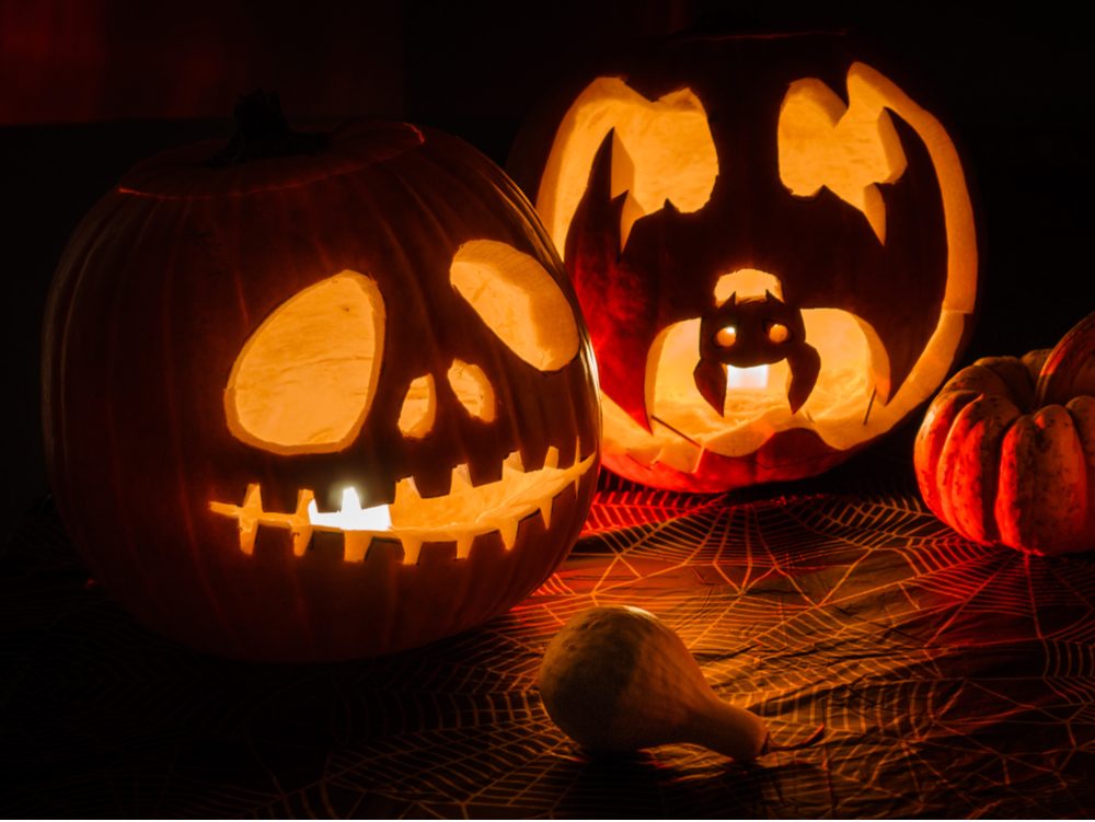 Bat pumpkin and Jack Skellington pumpkins. Jack o lantern faces on pumpkins, one of Jack Skellington and the other of a bat hanging upsidown.