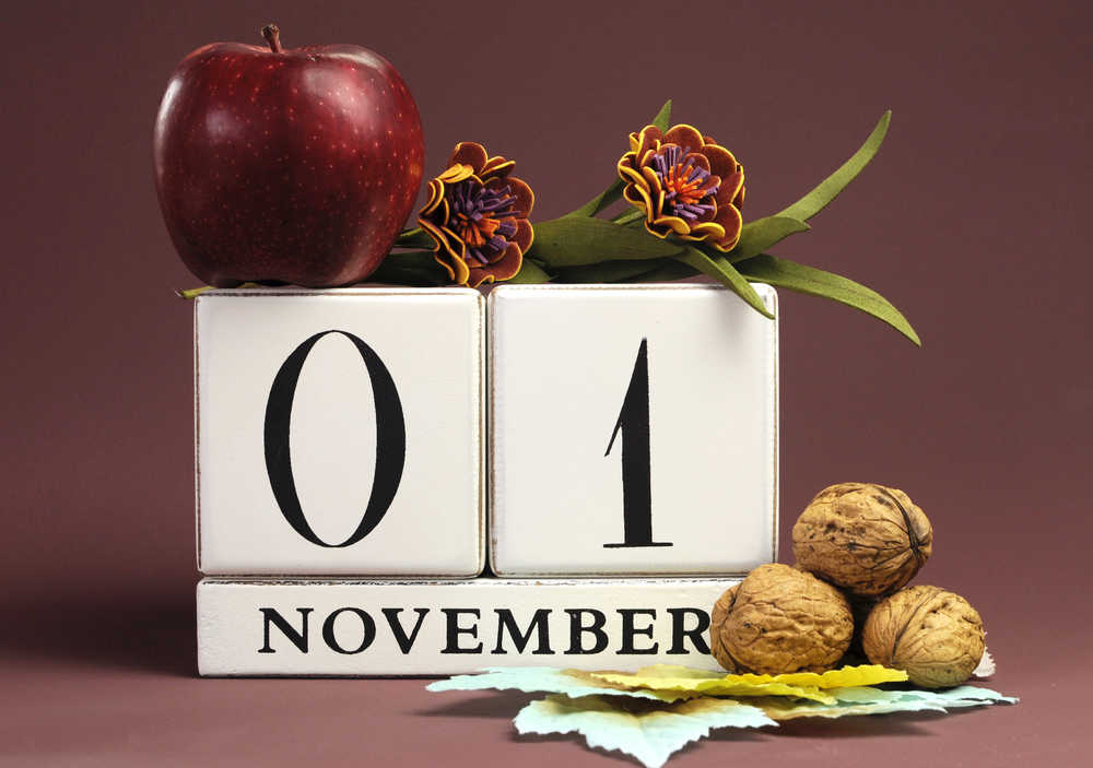 November 1 date blocks. Blocks that spell out November 1 surrounded by walnuts, an apple and flowers.