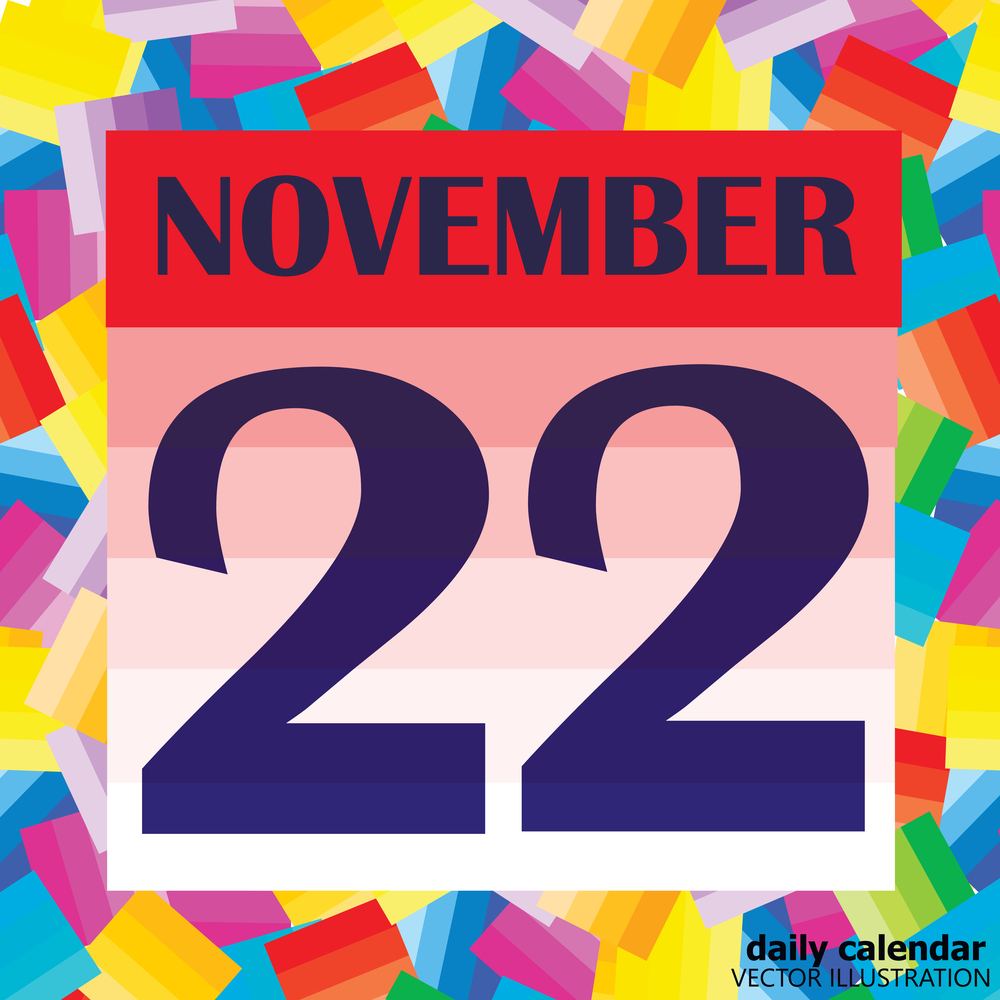 November 22 clipart. A calendar page that says November 22 against a colorful rainbow confetti background.