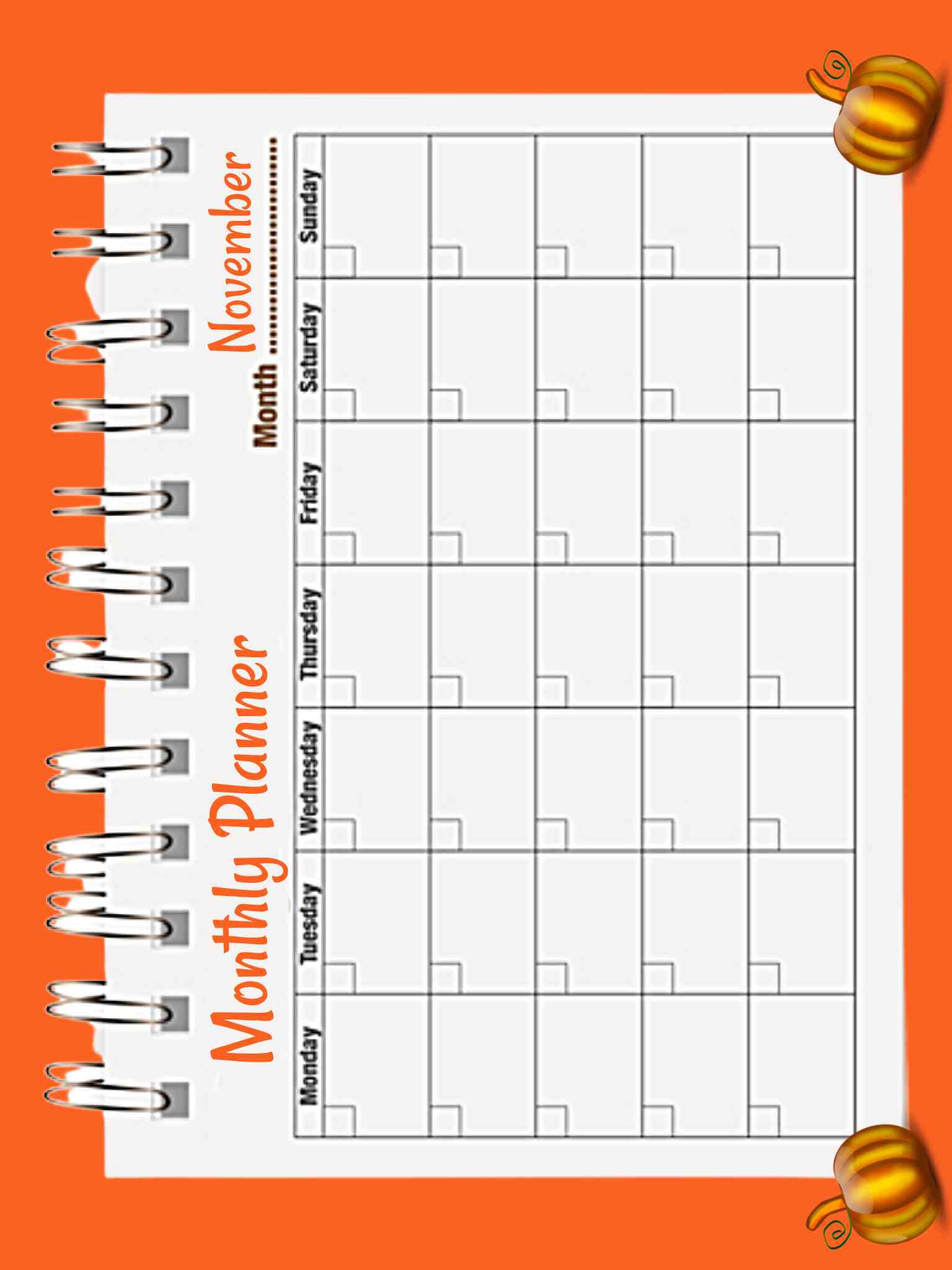 Planning printable for November flipped sideways.