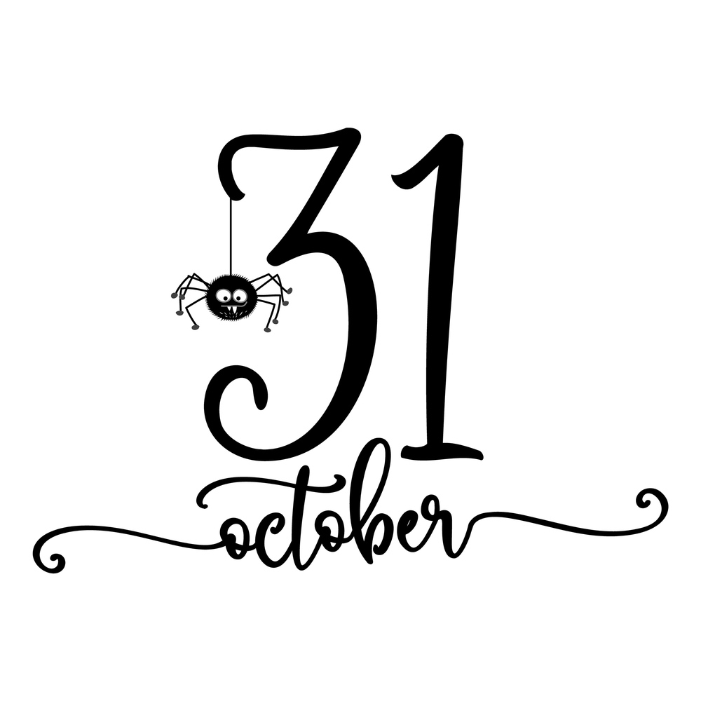 Text that reads "31 October". Text that reads 31 October, with a cartoon spider handing from the top of the 3.