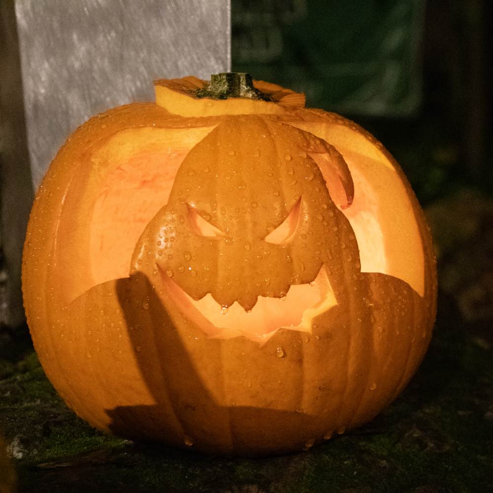 Oogie Boogie pumpkin. An Oogie Boogie pumpkin carving illuminated by a porch light.