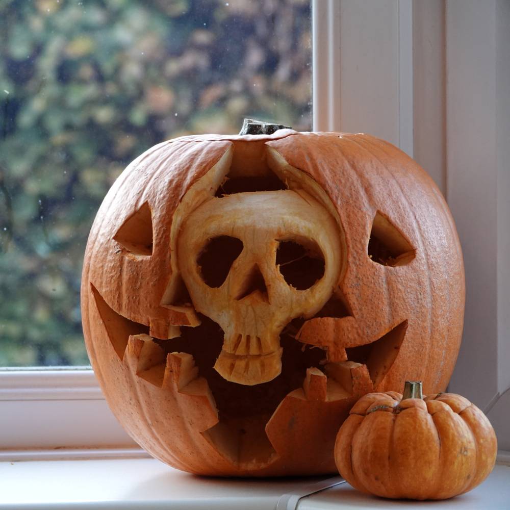 Skull pumpkin carving. A skull pumpkin carving emerging from the middle of a jack o lantern on a window next to a small uncarved pumpkin.