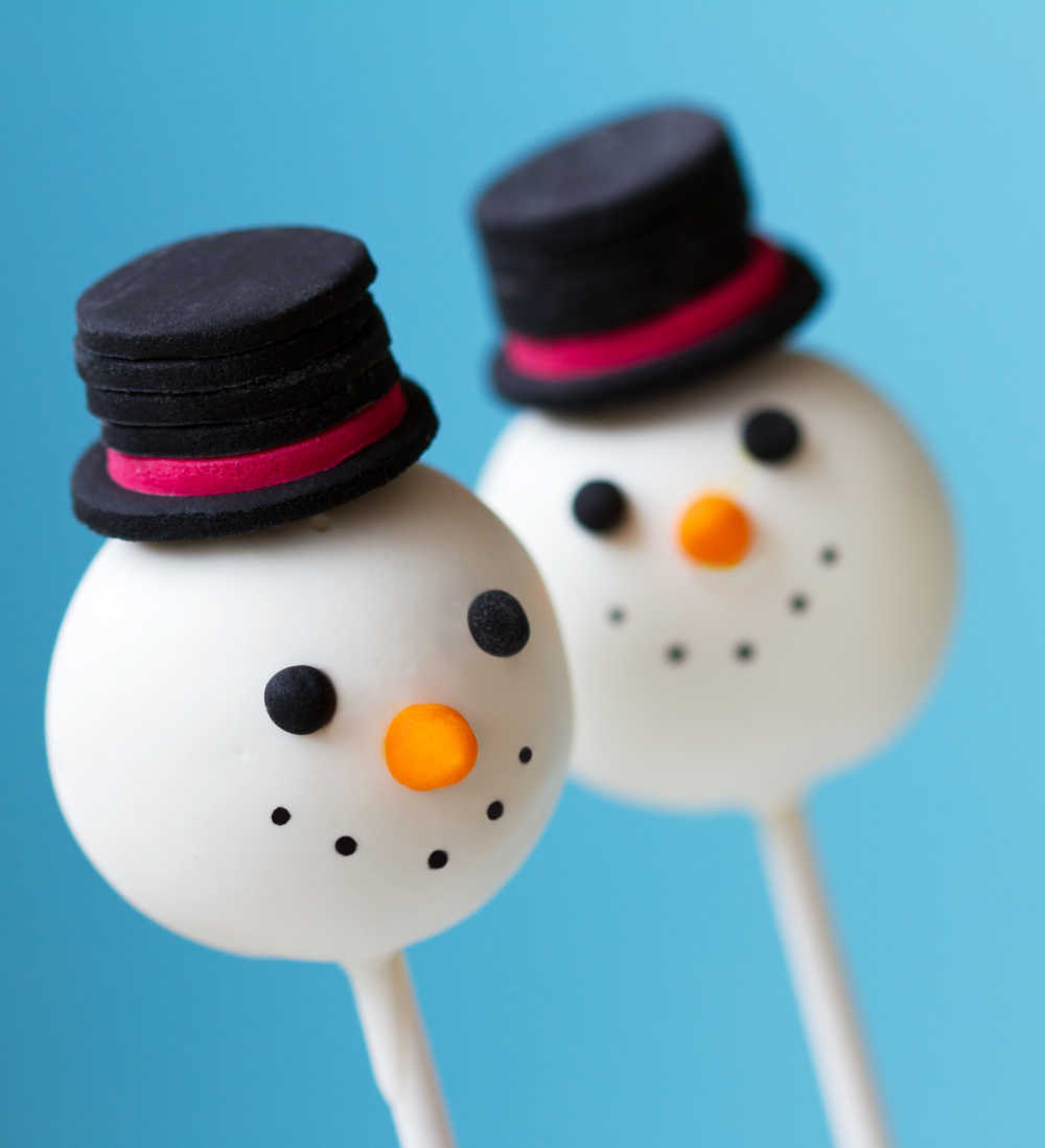 Snowman cake pops with top hats.