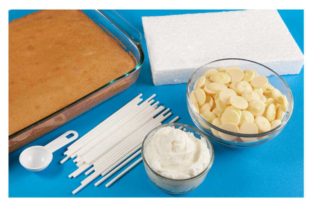 Styrofoam, white candy melts, vanilla frosting, baked cake and cake pops.