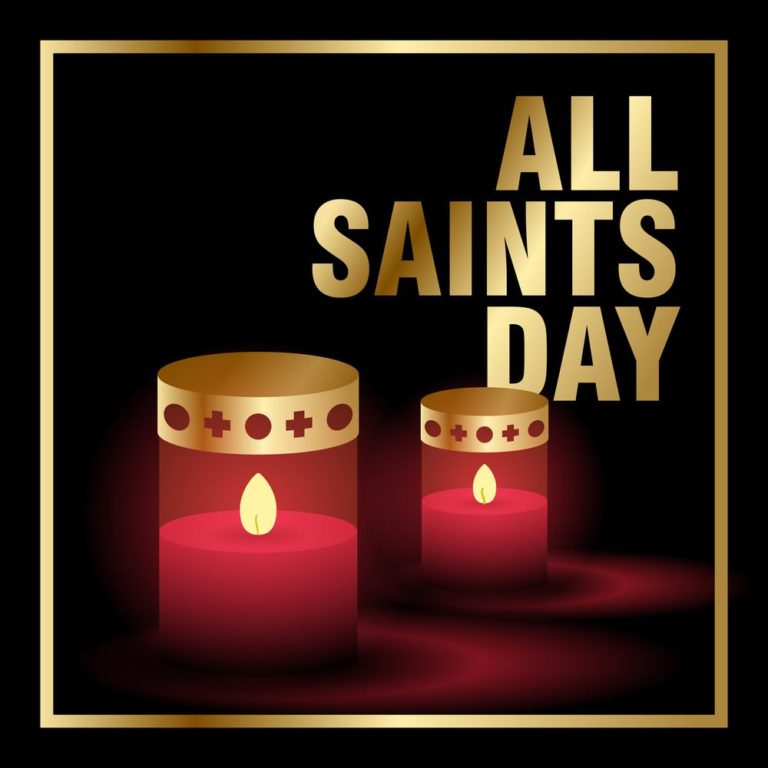 Two red cartoon candles and the text "All Saints Day" in a gold border..