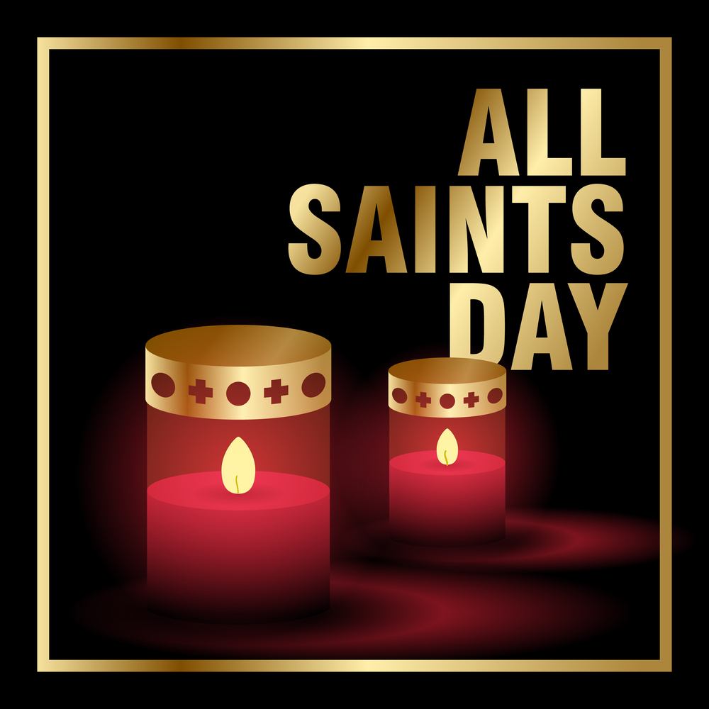 Two red cartoon candles and the text "All Saints Day" in a gold border..