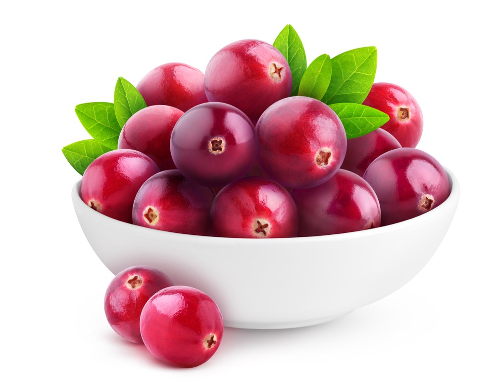 Cranberry bowl A bowl of fresh cranberries with cranberry leaves in it and two cranberries beside it.