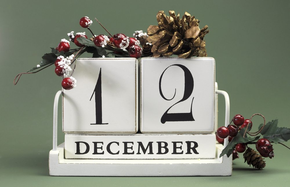 Wooden blocks that read December 12 with a pine cone and frosted berries around them.