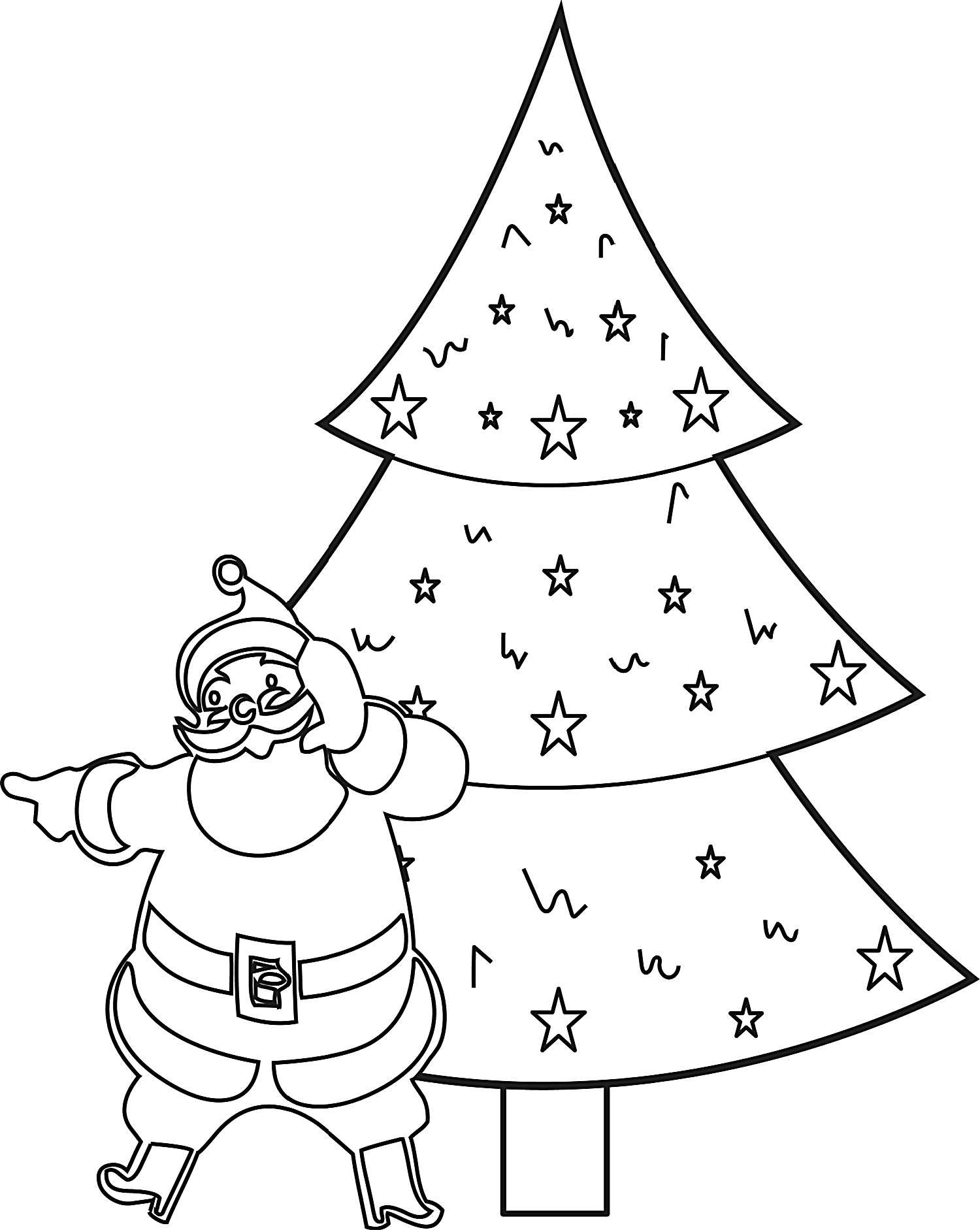 Black and white photo of Santa Claus in front of a Christmas tree.