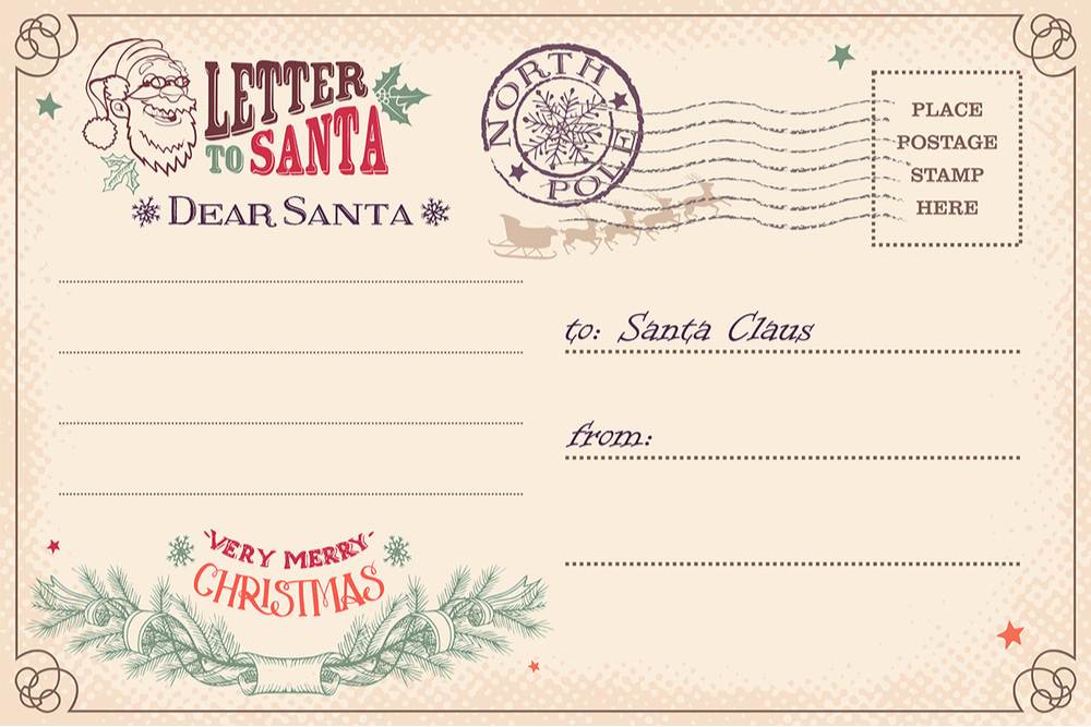 Postcard to Santa. A postcard addressed to Santa, but missing Santa Clauses address.