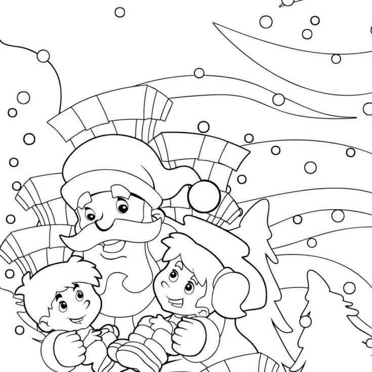 A Santa coloring sheet with the image of Santa Claus holding two children in the snow with presents behind him in a wintery outdoor setting.