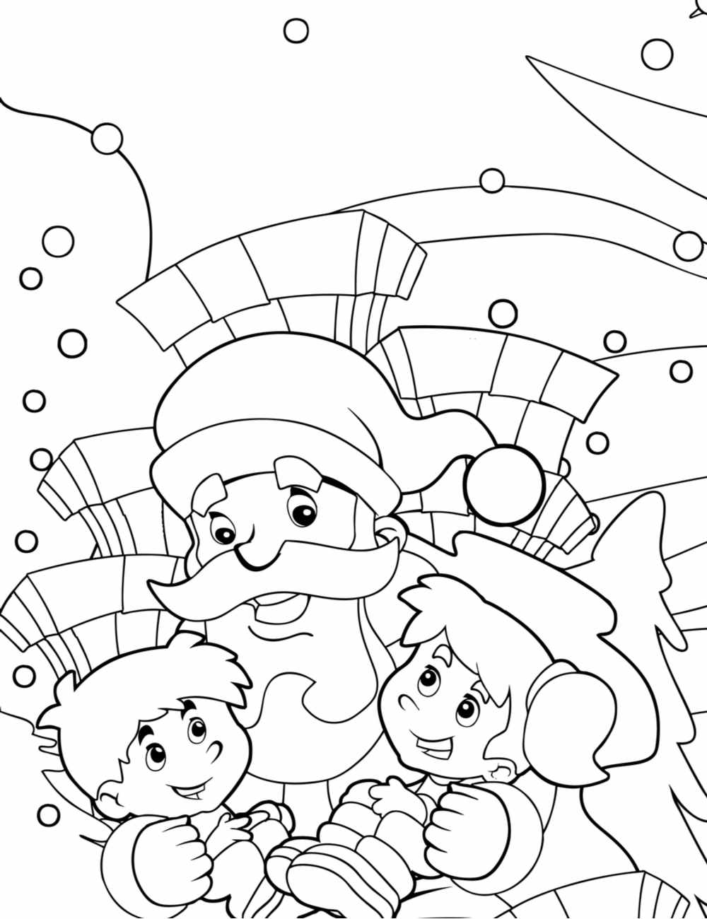 A Santa coloring sheet for kids with Santa Claus holding two children with presents behind him outside in the snow.