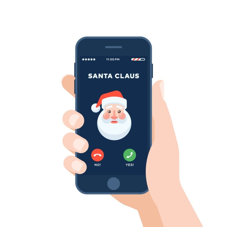A cartoon hand holding an iphone with Santa Claus calling from his phone number.