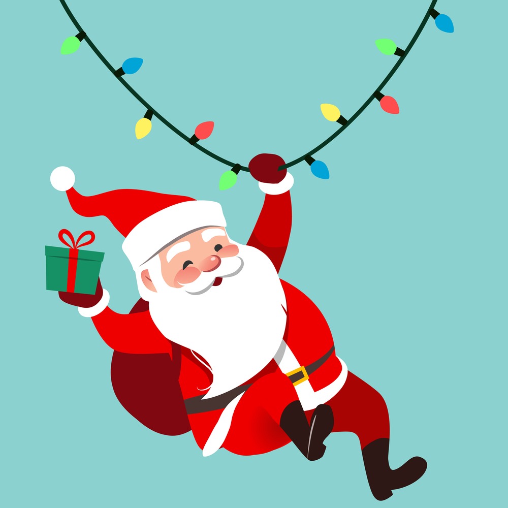 A clipart Santa swinging down a string of lights holding a present making us wonder "where is Santa right now?".