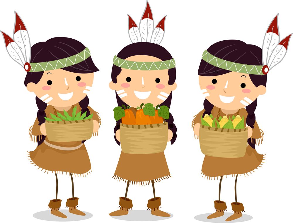 Clip art of the Three Sisters crops. A clip art image of three Native American girls, holding the Three Sisters Crops - the girl on the left is holding beans, the one in the middle is holding pumpkin squash, and the one on the right is holding corn.