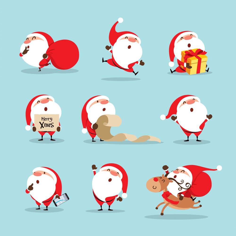 Nine different clip art Santas doing various things (lugging a sack, jumping, holding a present, riding a reindeer, etc) that make us wonder what Santa is doing, and where is Santa right now.