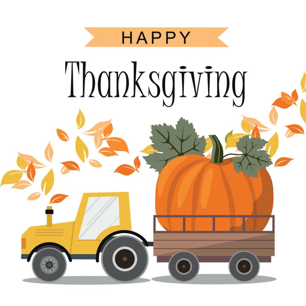 Clipart of a truck carrying a pumpkin. A truck carrying a large pumpkin with leaves blowing around it and text over it that reads Happy Thanksgiving.