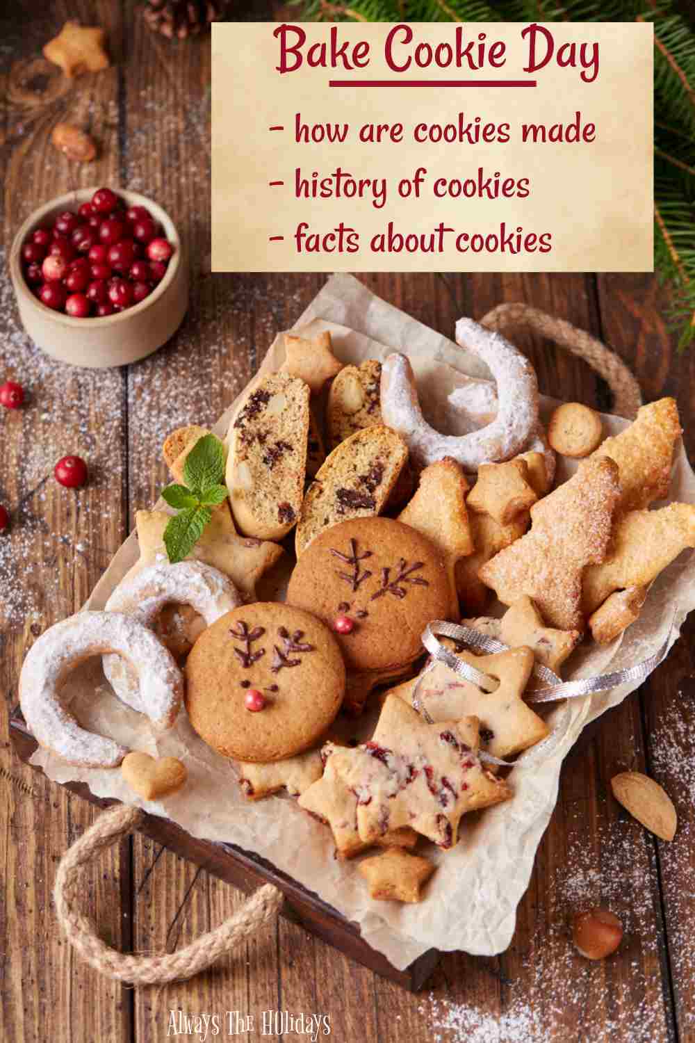 Find out How to Celebrate Bake Cookies Day Platter of cookies with words Bake Cookies Day - how are cookies made - history of cookies - facts about cookies.