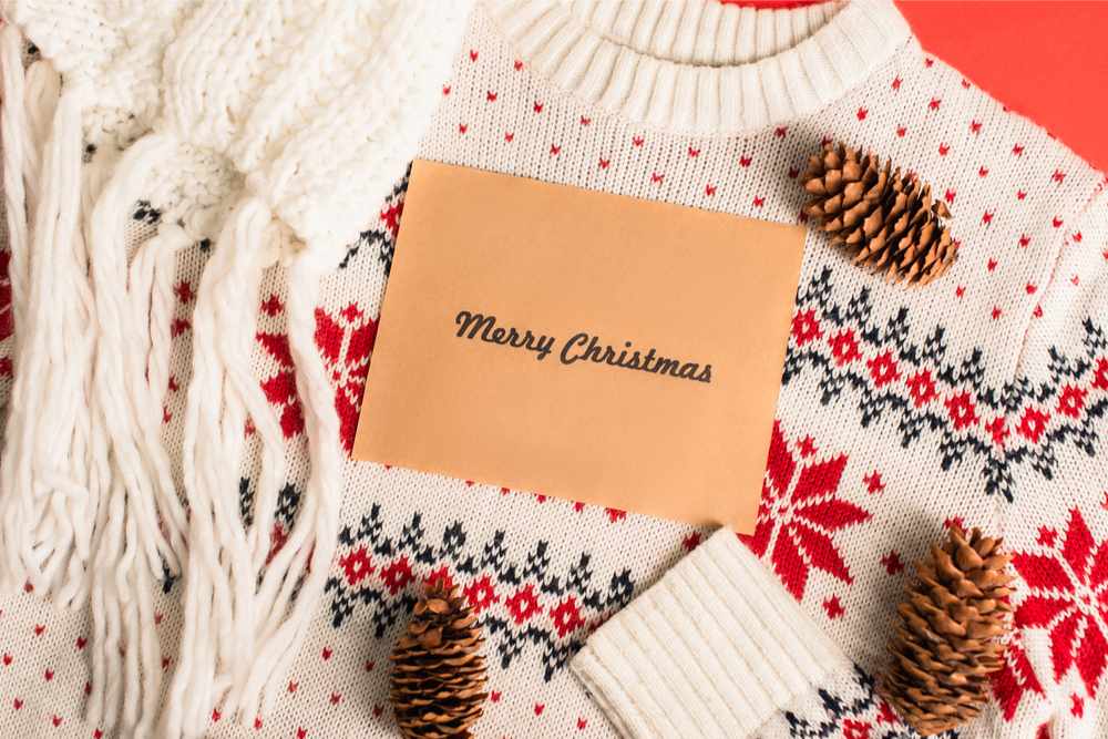 Merry Christmas envelope and Christmas sweater A Christmas sweater with pine cones on top of it and a brown envelope that reads Merry Christmas.